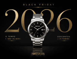 Banner Black Friday Seculus 2026 com relógio prata ao centro, fundo preto elegante e detalhes dourados.
