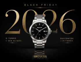 Banner Black Friday Seculus 2026 com relógio prata ao centro, fundo preto elegante e detalhes dourados.