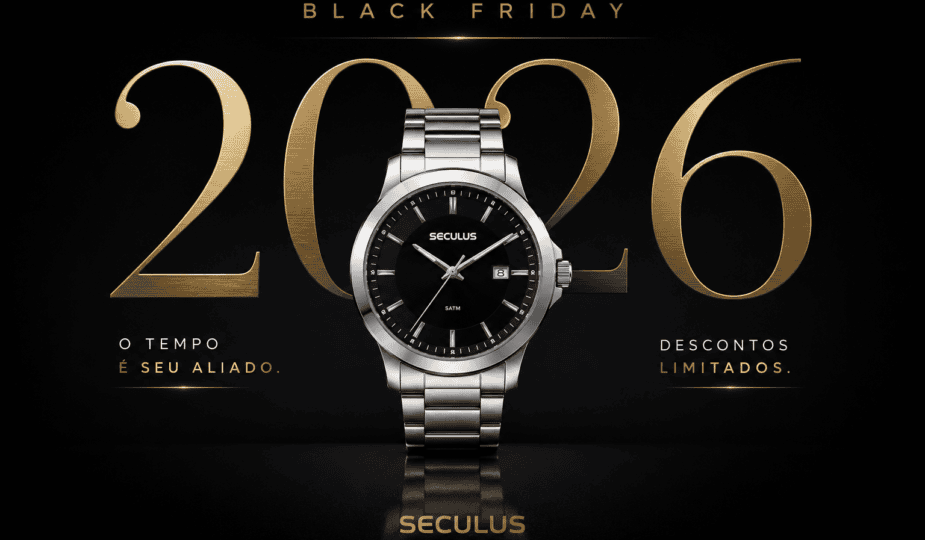 Banner Black Friday Seculus 2026 com relógio prata ao centro, fundo preto elegante e detalhes dourados.