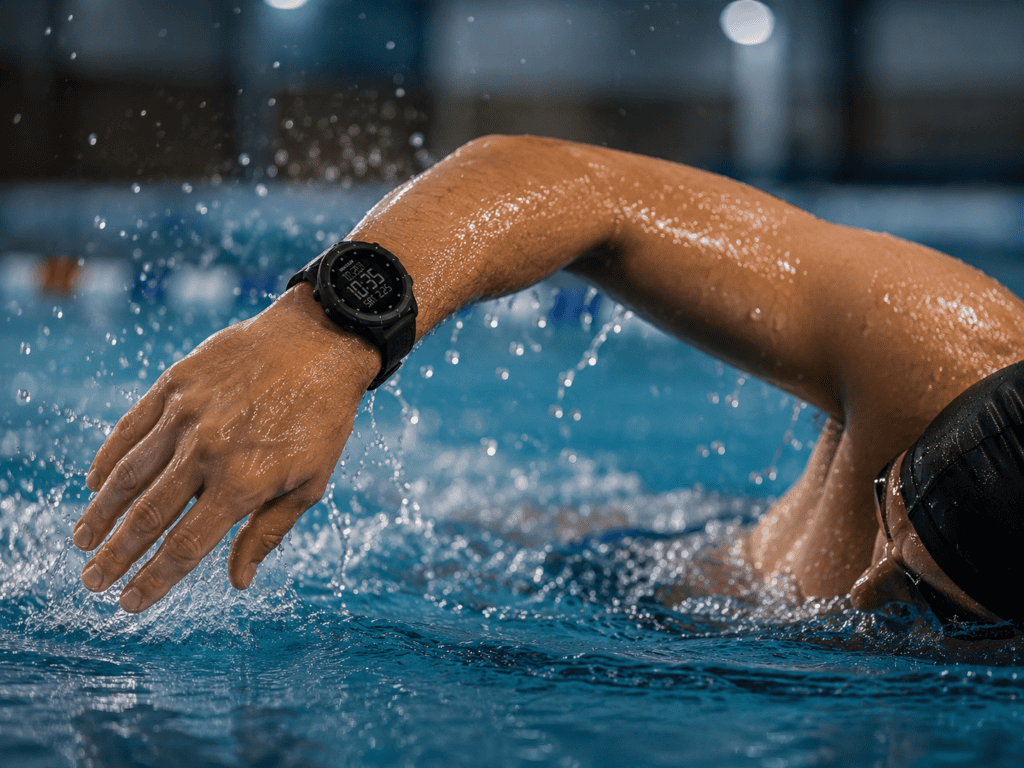 Braço de nadador saindo da água com relógio Seculus resistente à água no pulso, gotas de água em movimento ao redor, piscina ao fundo desfocada, luz de piscina interna 