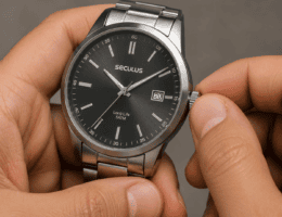 Close em mão masculina ajustando a coroa de relógio analógico Seculus com calendário sobre fundo neutro.
