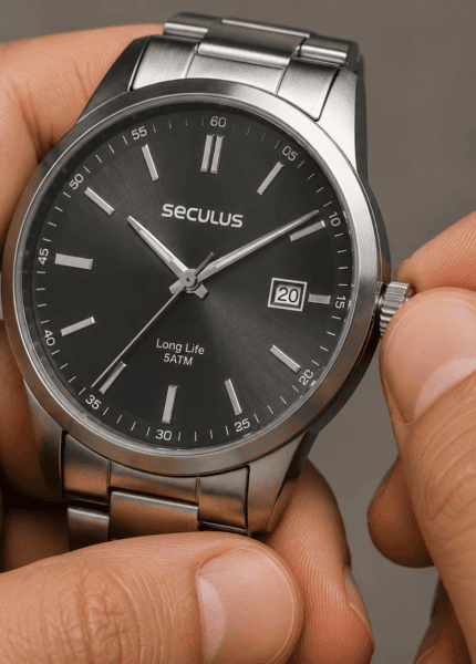 Close em mão masculina ajustando a coroa de relógio analógico Seculus com calendário sobre fundo neutro.