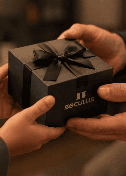 Mãos de um filho entregando uma caixa de presente Seculus ao pai, com foco no gesto de entrega. Ao fundo, ambiente desfocado com iluminação quente, transmitindo um clima familiar, acolhedor e afetuoso.
