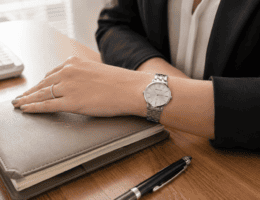 Mulher usando relógio feminino Seculus prata com pulseira de aço, mão apoiada sobre agenda de couro em mesa de escritório, blazer escuro ao fundo e iluminação natural lateral.