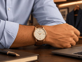 Pulso masculino com relógio Seculus de pulseira de couro conhaque e camisa social azul clara com manga dobrada, em escritório moderno com blazer desfocado ao fundo.