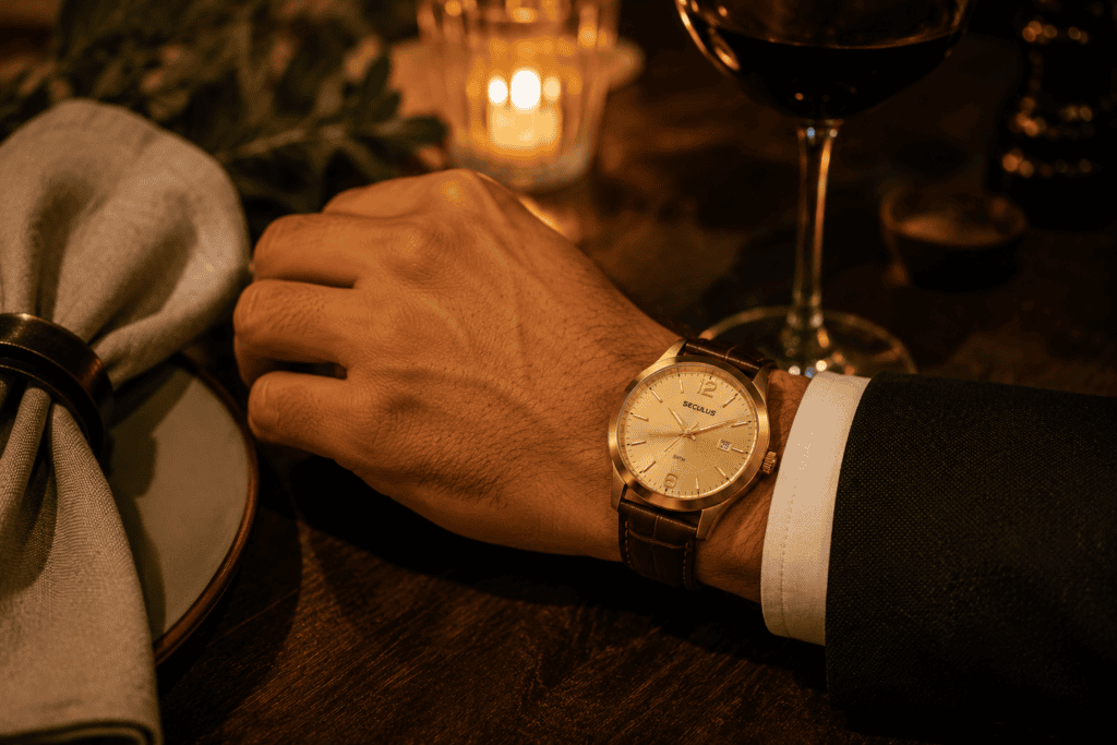 Pulso masculino usando relógio dourado Seculus com pulseira de couro sobre mesa de jantar com taça de vinho, vela e guardanapo de linho, em ambiente intimista com iluminação quente.