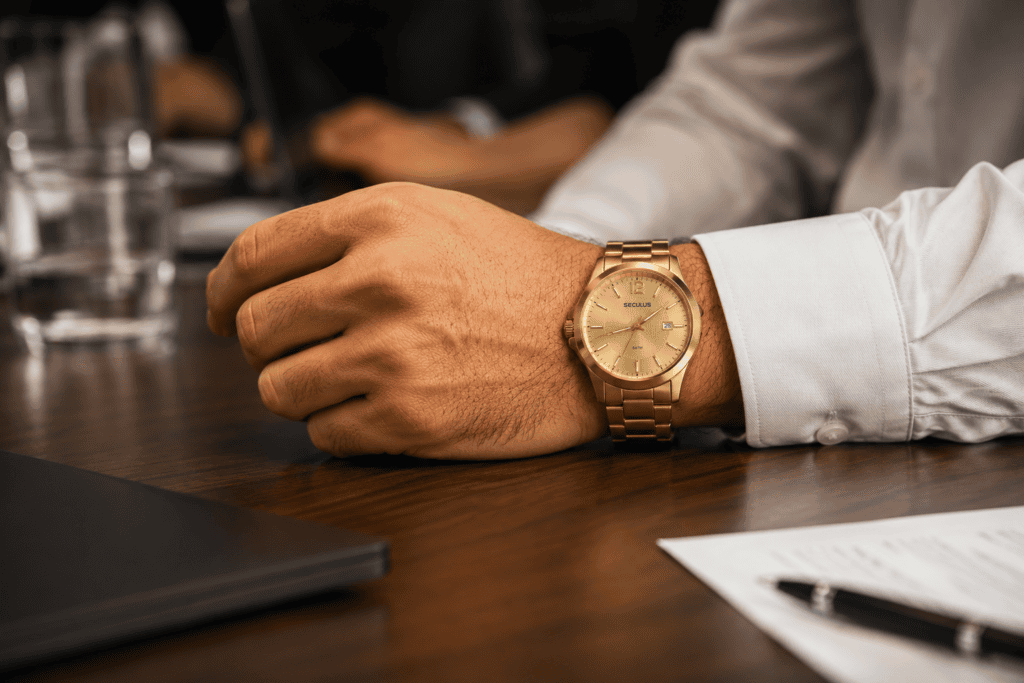 Mão masculina apoiada sobre mesa de reunião usando relógio dourado Seculus com pulseira de aço e camisa social branca, em ambiente corporativo com fundo desfocado.