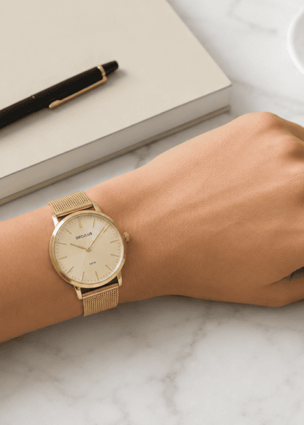 Relógio Seculus feminino dourado com pulseira milanesa no pulso, apoiado sobre mesa de mármore branco ao lado de caderno, caneta e xícara de porcelana.