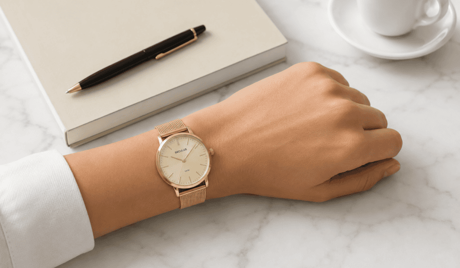 Relógio Seculus feminino dourado com pulseira milanesa no pulso, apoiado sobre mesa de mármore branco ao lado de caderno, caneta e xícara de porcelana.