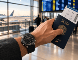 Pulso masculino com relógio Seculus anadigi segurando passaporte e cartão de embarque em aeroporto.