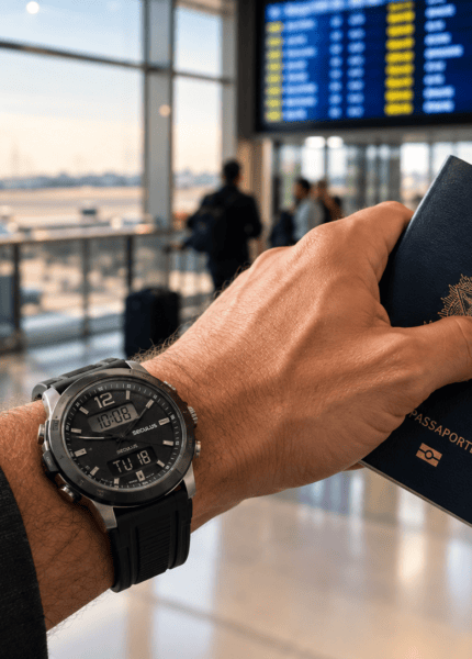 Pulso masculino com relógio Seculus anadigi segurando passaporte e cartão de embarque em aeroporto.