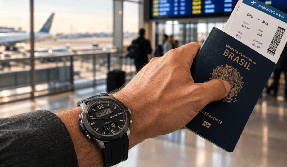 Pulso masculino com relógio Seculus anadigi segurando passaporte e cartão de embarque em aeroporto.
