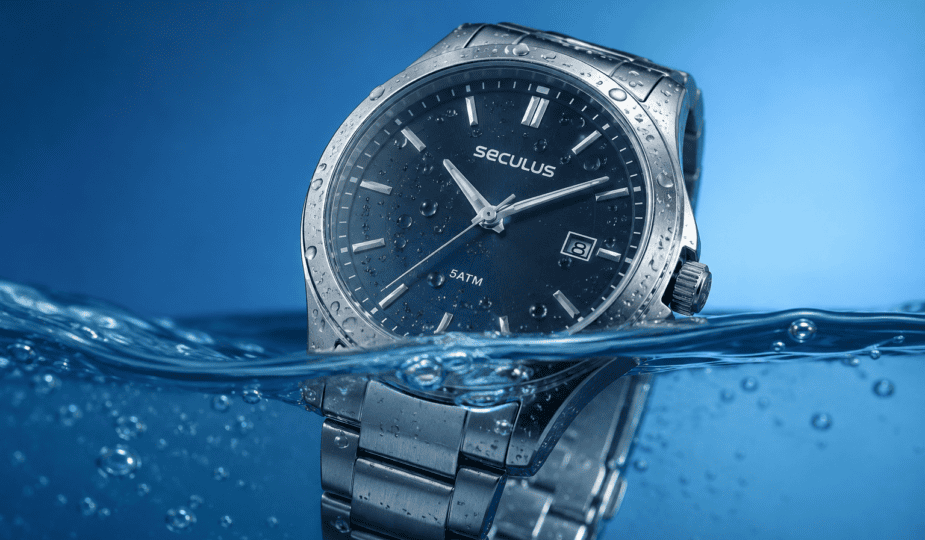 Relógio Seculus prata parcialmente submerso em água cristalina, com gotas no vidro e fundo azul degradê.