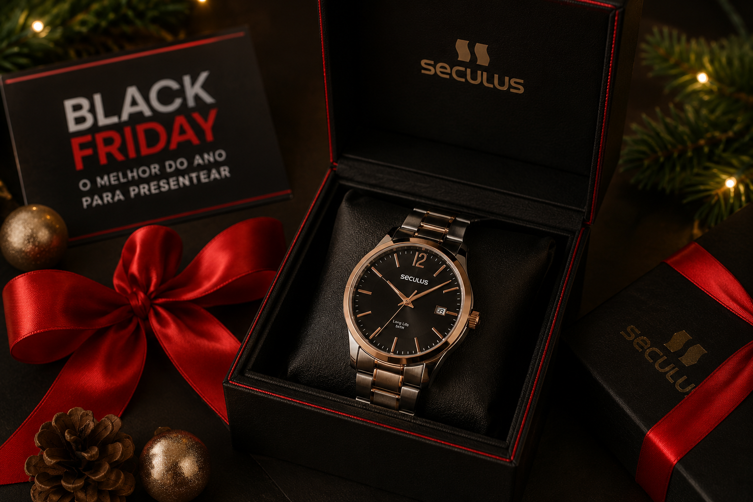 Relógio Seculus em caixa de presente aberta, acompanhado de laço vermelho e decoração natalina, em composição premium de Black Friday.