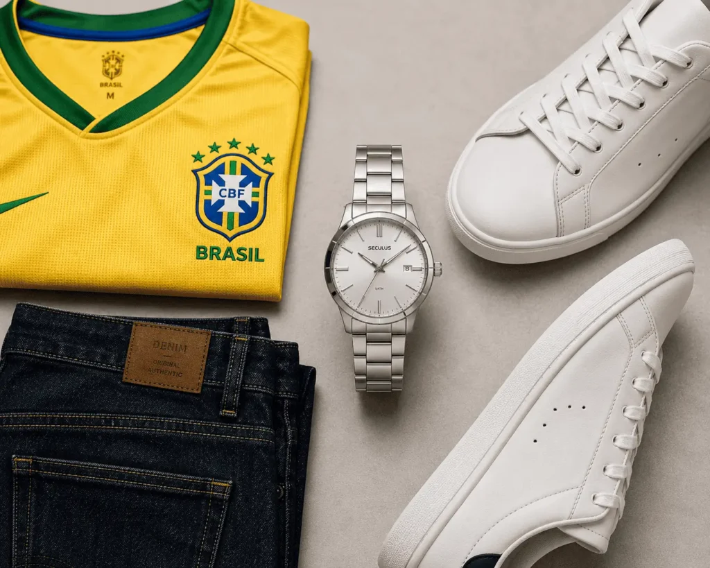 Composição flat lay com camisa da seleção brasileira dobrada, jeans escuro, tênis branco e relógio Seculus prateado posicionado ao centro. Fundo neutro, visual clean e editorial de moda com foco em estilo casual masculino.