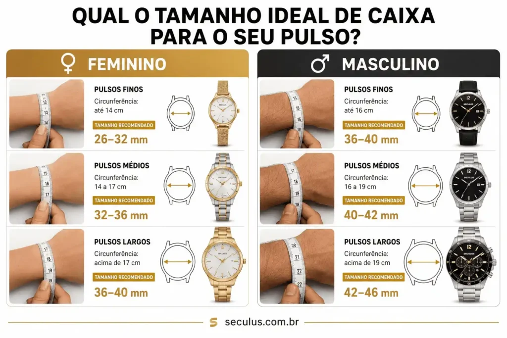 Infográfico com guia de tamanho ideal de caixa de relógio para pulsos femininos e masculinos, relacionando a circunferência do pulso às medidas recomendadas de caixa, variando de 26 mm a 46 mm, com exemplos visuais de medição e relógios.