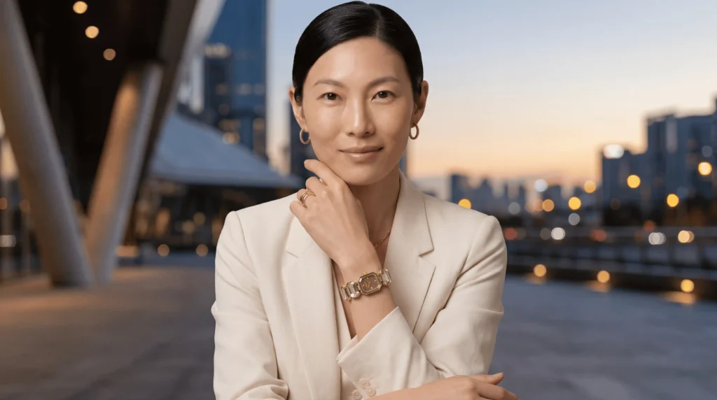 Mulher usando o Relógio Feminino Dourado Pequeno com pulseira metálica dourada, destacando um design refinado e atemporal em ambiente urbano contemporâneo.