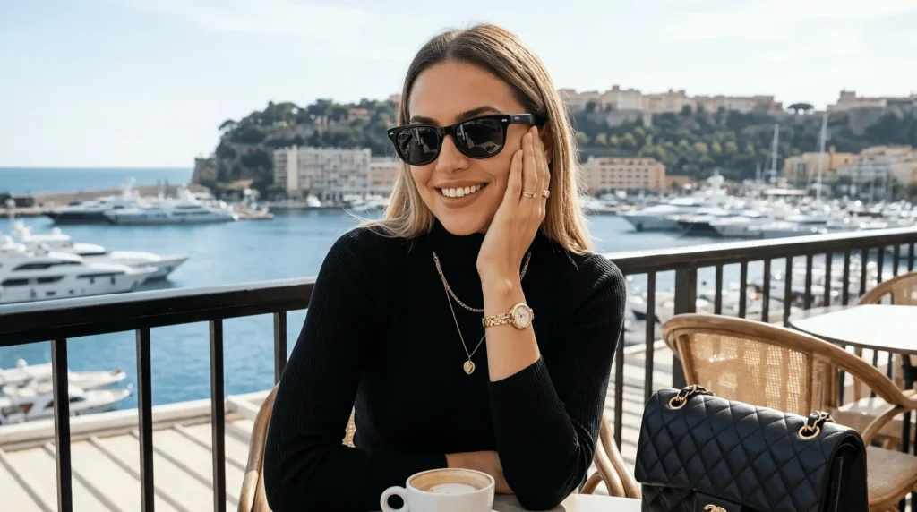 Mulher usando o Relógio Seculus Dourado com mostrador de Madrepérola em ambiente à beira-mar, combinando elegância atemporal, acabamento dourado e estilo sofisticado.
