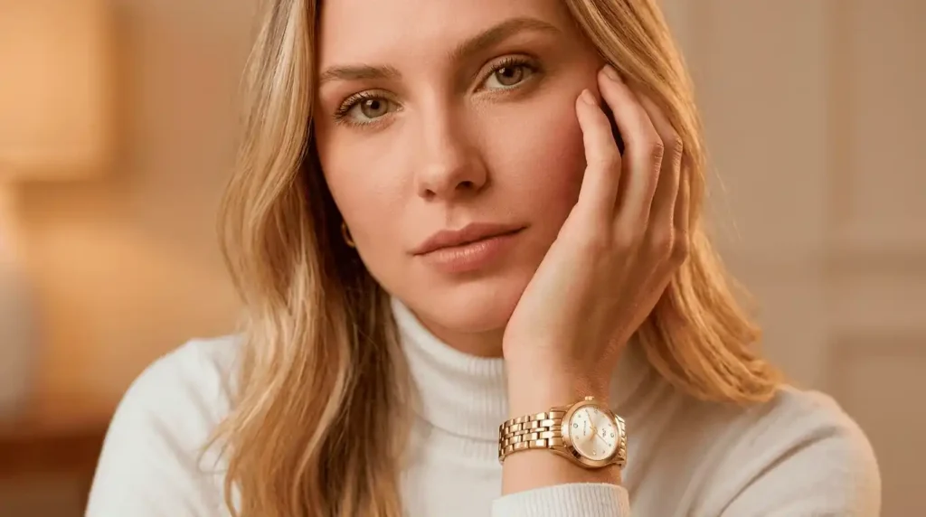 Close de mulher usando o Relógio Cronógrafo Feminino Dourado Imponente, com pulseira metálica dourada e design sofisticado que destaca presença e elegância.