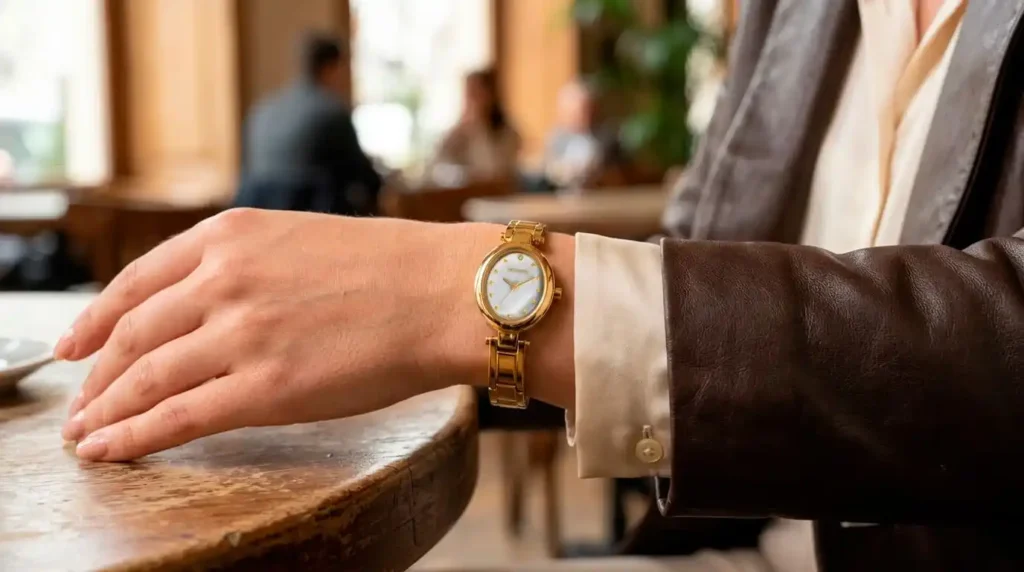 Close do Relógio Seculus Dourado com Cristais no Aro no pulso feminino, destacando o acabamento dourado, o mostrador sofisticado e o design elegante em ambiente refinado.