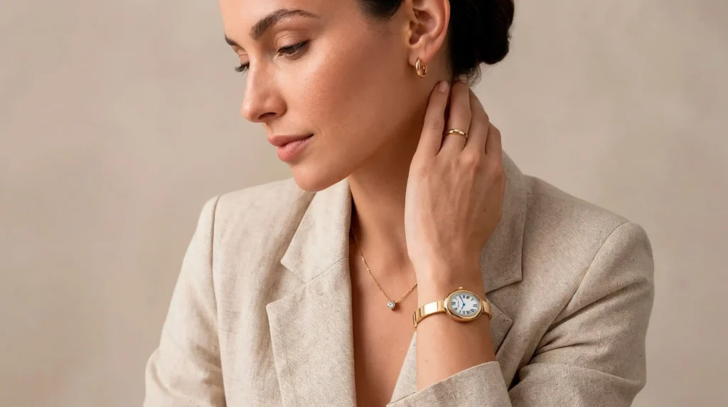 Close do Relógio Feminino Dourado com Pulseira em Malha de Aço no pulso de uma modelo usando blazer bege, destacando o acabamento dourado, o mostrador clássico com algarismos romanos e o design elegante em ambiente refinado.