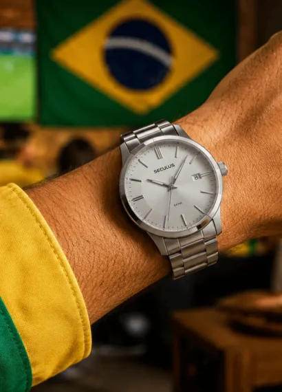 Pulso masculino usando relógio Seculus prateado com pulseira de aço, combinado com camisa verde e amarela. Ao fundo, ambiente desfocado de sala ou bar com televisão exibindo partida de futebol e bandeira do Brasil, em clima vibrante e iluminação natural.