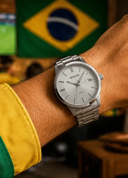 Pulso masculino usando relógio Seculus prateado com pulseira de aço, combinado com camisa verde e amarela. Ao fundo, ambiente desfocado de sala ou bar com televisão exibindo partida de futebol e bandeira do Brasil, em clima vibrante e iluminação natural.