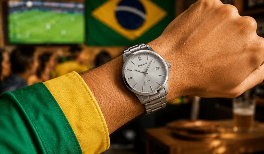 Pulso masculino usando relógio Seculus prateado com pulseira de aço, combinado com camisa verde e amarela. Ao fundo, ambiente desfocado de sala ou bar com televisão exibindo partida de futebol e bandeira do Brasil, em clima vibrante e iluminação natural.