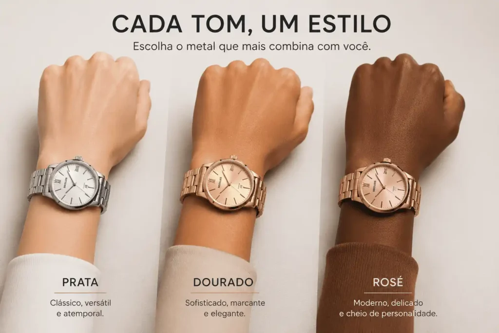 Comparação visual de três pulsos com diferentes tons de pele usando relógios metálicos nas cores prata, dourado e rosé. Fundo neutro e foco nos acabamentos dos metais para destacar estilo e harmonização.