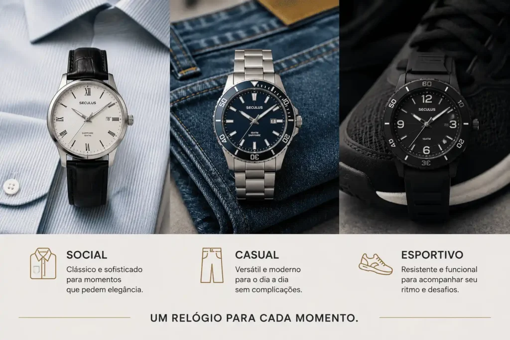 Composição visual com três relógios lado a lado: modelo social com pulseira de couro sobre manga de camisa, modelo casual em aço com mostrador azul sobre jeans dobrado e modelo esportivo com pulseira de silicone preta sobre tênis esportivo. Fundo neutro com destaque para os diferentes estilos de uso.