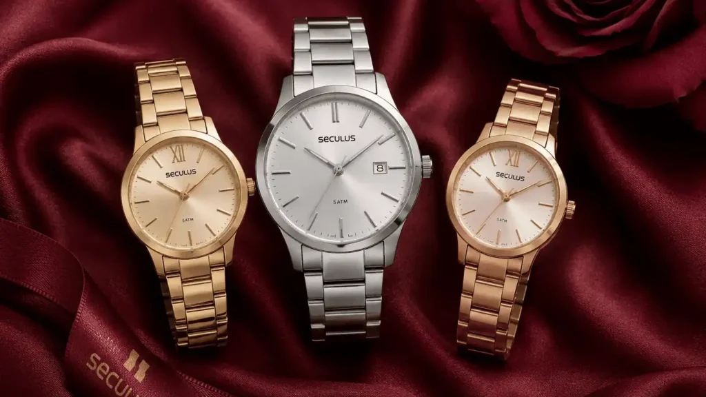 Três relógios Seculus sobre tecido acetinado bordô: modelo feminino dourado, relógio masculino clássico em aço prata e modelo feminino rosé, em composição sofisticada e romântica.