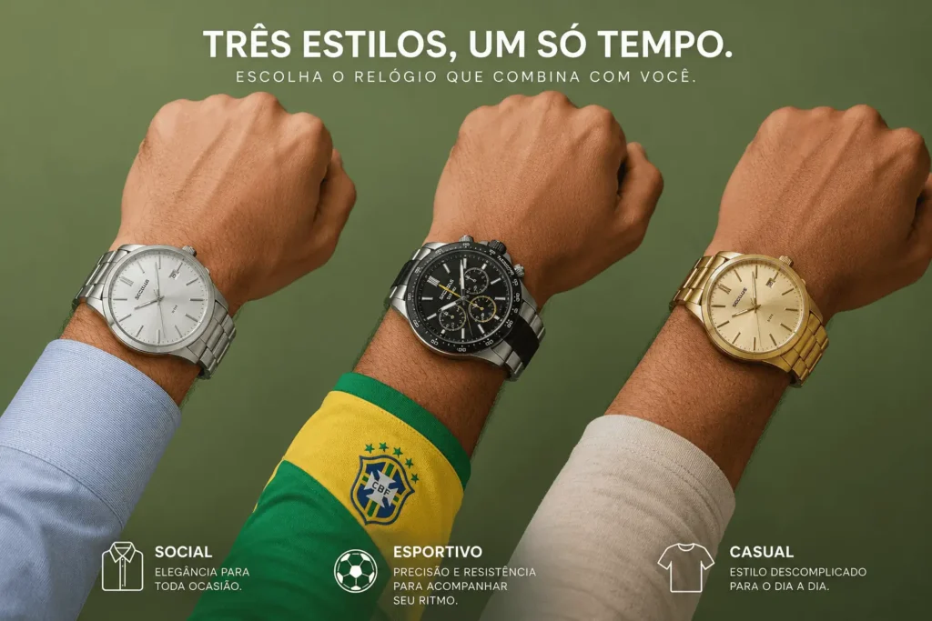 Composição visual com três pulsos masculinos lado a lado usando relógios diferentes: modelo em aço prata com camisa social, cronógrafo esportivo com camisa verde e amarela inspirada na seleção brasileira e modelo em aço dourado com camiseta casual. Fundo verde suave destacando os diferentes estilos de uso.