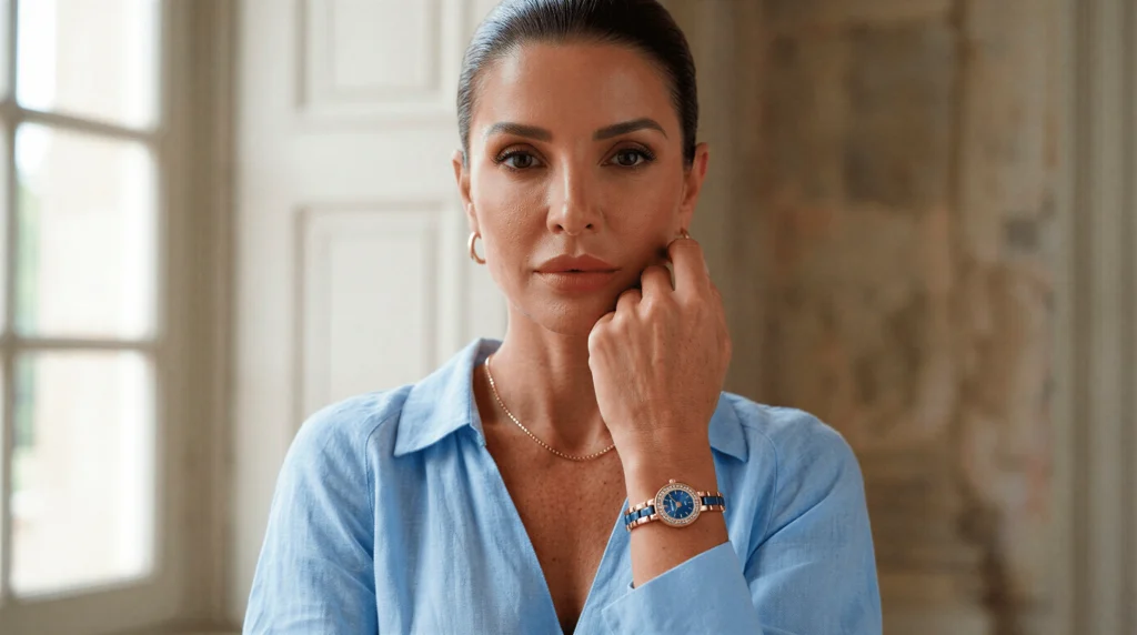 Mulher de cabelos presos vestindo camisa de linho azul-claro, posando com a mão sob o queixo enquanto destaca um relógio de pulso dourado com detalhes e mostrador em azul. O fundo da cena exibe um ambiente interno iluminado por uma janela.