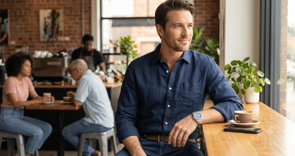 Homem usando relógio masculino de aço prateado com mostrador azul, camisa azul-marinho e jeans, sentado em cafeteria moderna com xícara de café sobre a mesa.