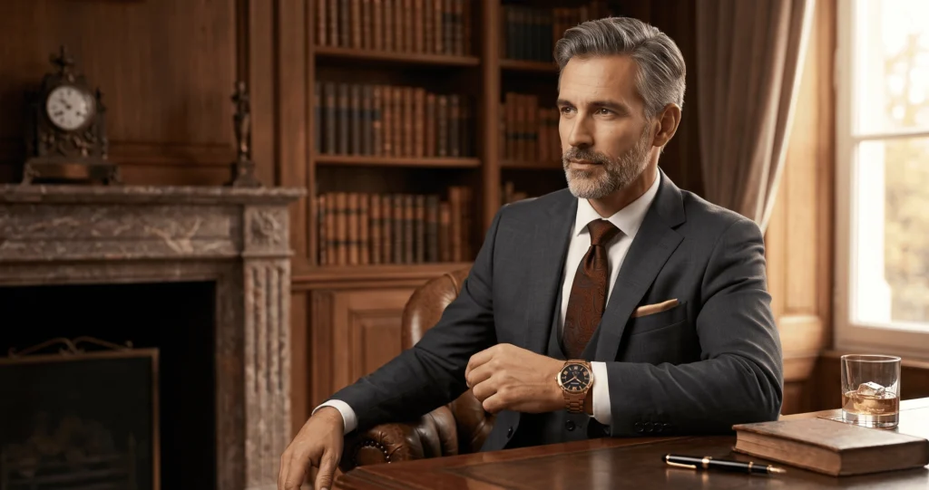 Homem usando relógio masculino dourado de aço com mostrador preto, sentado em escritório clássico com terno cinza, em ambiente executivo elegante.