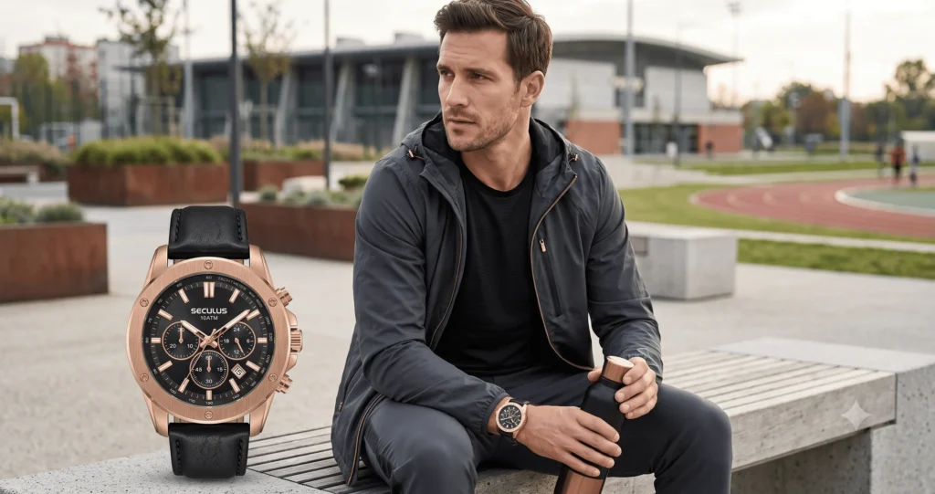 Homem usando relógio masculino cronógrafo rose gold com mostrador preto e pulseira de couro preta, sentado em área externa próxima a pista de corrida, com roupa esportiva casual e garrafa térmica na mão.