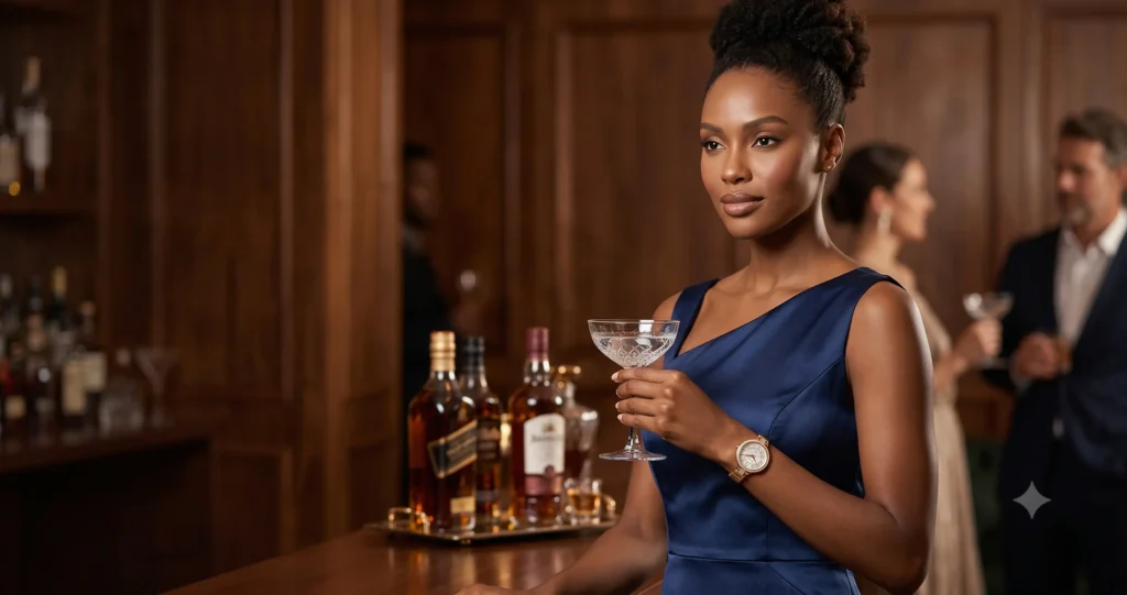 Uma foto focada de uma mulher de pele escura e cabelos cacheados em um bar sofisticado, segurando uma taça de coquetel. O destaque principal é o relógio de pulso dourado em seu pulso esquerdo, que tem uma pulseira de elos delicada e um mostrador redondo claro com números romanos. O relógio é nítido e bem iluminado, contrastando com o fundo em tons de madeira e a bebida.