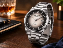 Relógio automático masculino Seculus Gradiente Aço Prata sobre mesa de madeira escura com fundo desfocado