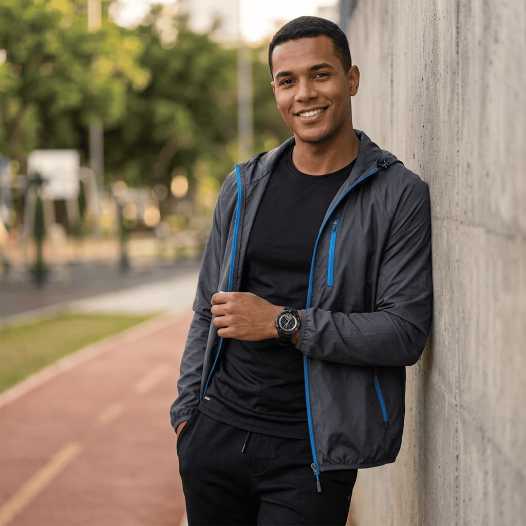 Homem encostado em parede de concreto usando o Relógio Masculino Seculus Smart Pro no pulso, com jaqueta esportiva preta e fundo urbano desfocado em luz natural