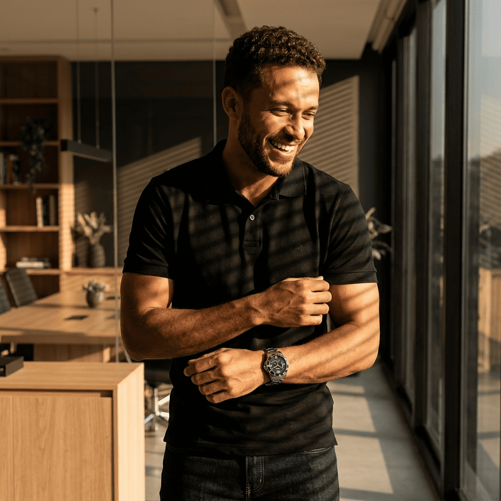 Homem sorrindo em escritório moderno com luz natural usando o Relógio Masculino Aço Preto Prata com Calendário e Aro 3D no pulso, combinado com camisa polo preta e visual casual elegante.