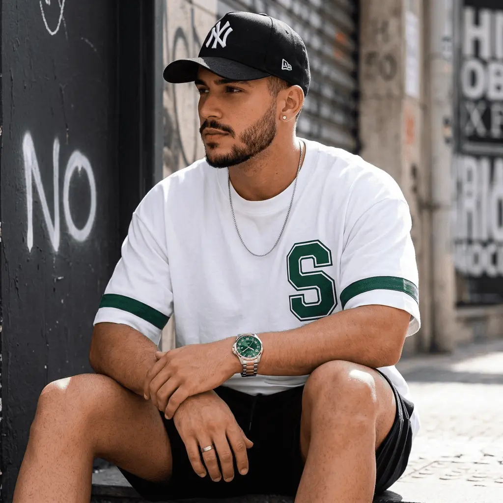 Homem sentado em ambiente urbano usando camiseta branca, boné preto e o Relógio Masculino Analógico Calendário Verde com Numeração Completa no pulso, em destaque com luz natural.