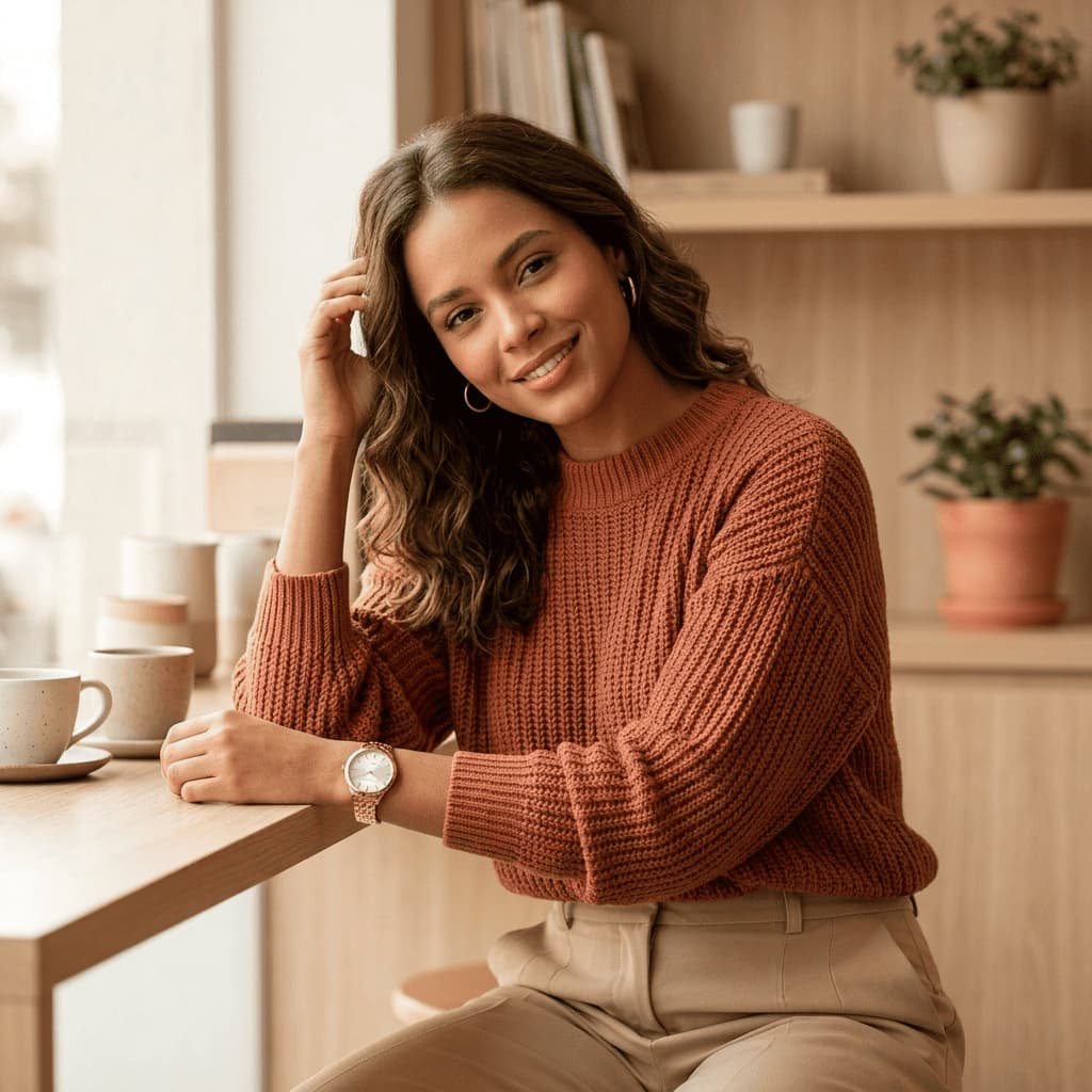 Mulher sentada em cafeteria com decoração em tons claros usando o Relógio Feminino Analógico Rose Gold com Mostrador Prateado no pulso, combinado com blusa de tricô e luz natural suave.