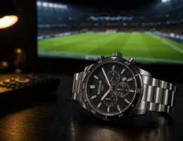 Relógio cronógrafo Seculus prata sobre mesa escura, com TV desfocada ao fundo exibindo um campo de futebol vazio antes da partida e iluminação lateral dramática.