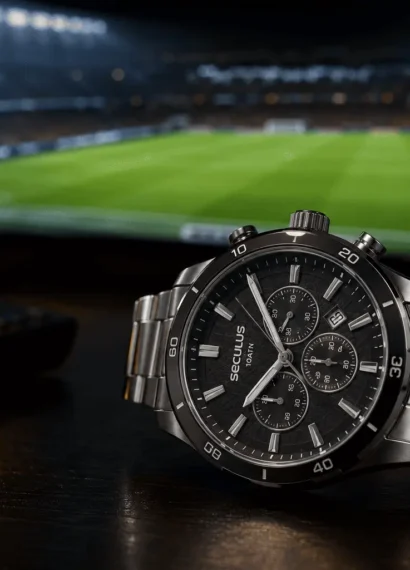 Relógio cronógrafo Seculus prata sobre mesa escura, com TV desfocada ao fundo exibindo um campo de futebol vazio antes da partida e iluminação lateral dramática.