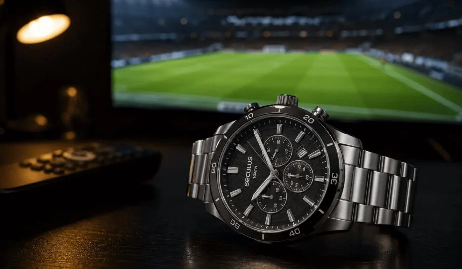 Relógio cronógrafo Seculus prata sobre mesa escura, com TV desfocada ao fundo exibindo um campo de futebol vazio antes da partida e iluminação lateral dramática.