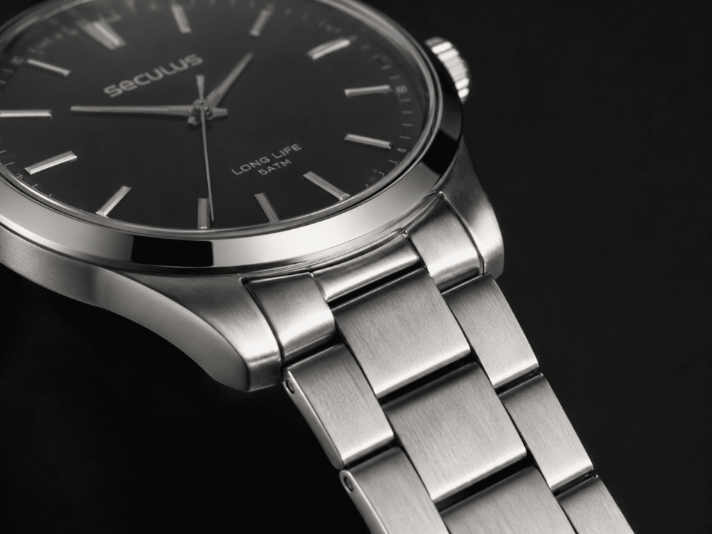 Close-up técnico da pulseira de aço inoxidável escovado e do vidro mineral de relógio masculino Seculus, fundo neutro escuro, luz de produto lateral