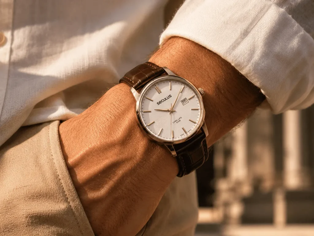 Detalhe close-up do pulso masculino com relógio Seculus de pulseira de couro marrom e mostrador branco, manga de camisa de linho branca ao fundo, luz natural lateral