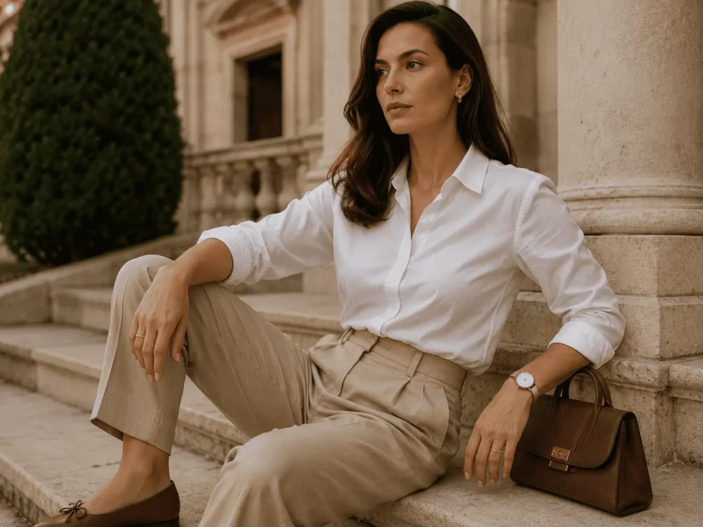 Mulher com camisa branca de tricoline, calça de alfaiataria bege de cintura alta e sapatilha de couro liso, relógio Seculus de pulseira fina no pulso, fundo de arquitetura clássica com luz natural