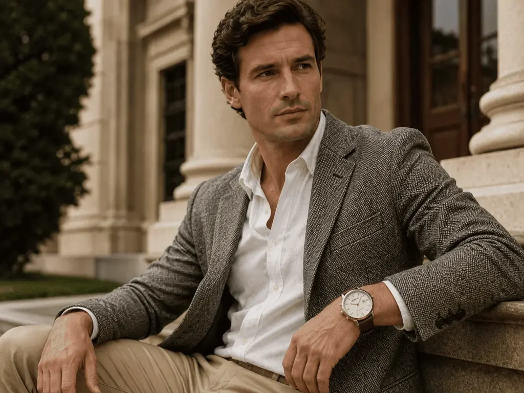 Homem em blazer de tweed cinza, camisa de linho branca e calça chino bege, relógio Seculus clássico com pulseira de couro marrom no pulso, ambiente externo com arquitetura clássica