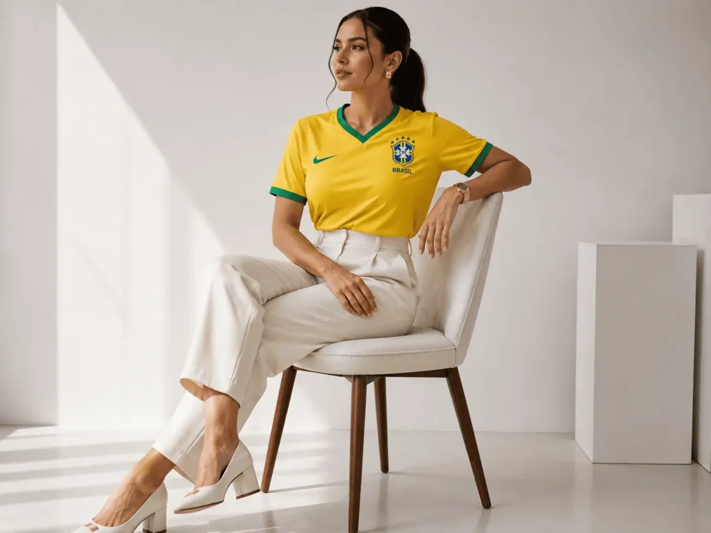 ulher com camisa da seleção brasileira usada por dentro de calça de alfaiataria off-white e salto bloco, relógio Seculus dourado de tamanho médio no pulso, fundo de estúdio com luz natural clara